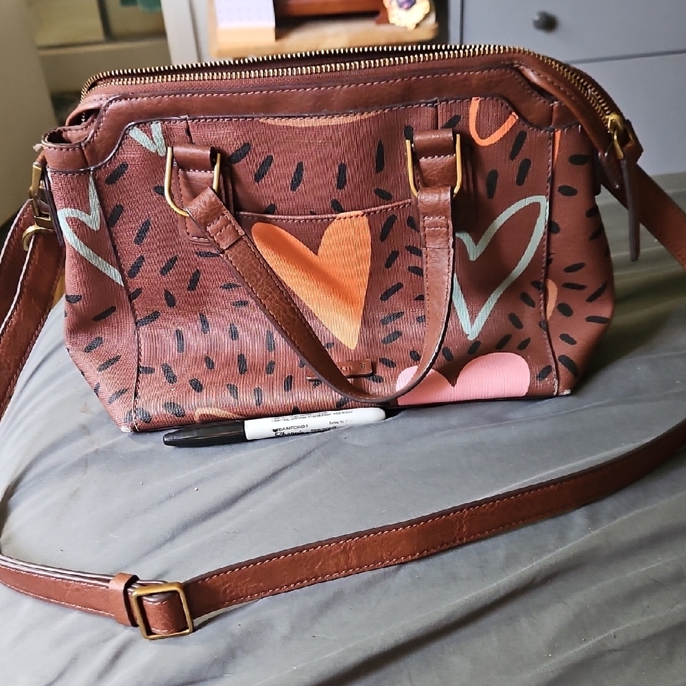 Brown Heart Patterned Women's Bag